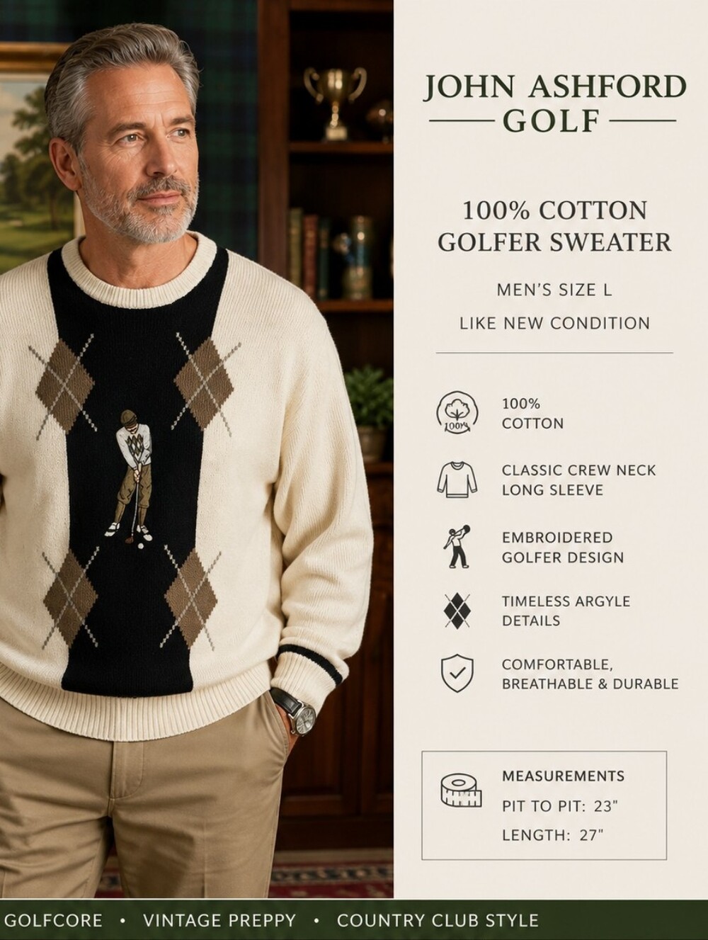 John Ashford Golf Men’s L Cotton Sweater Golfer Argyle Crewneck Vintage Preppy